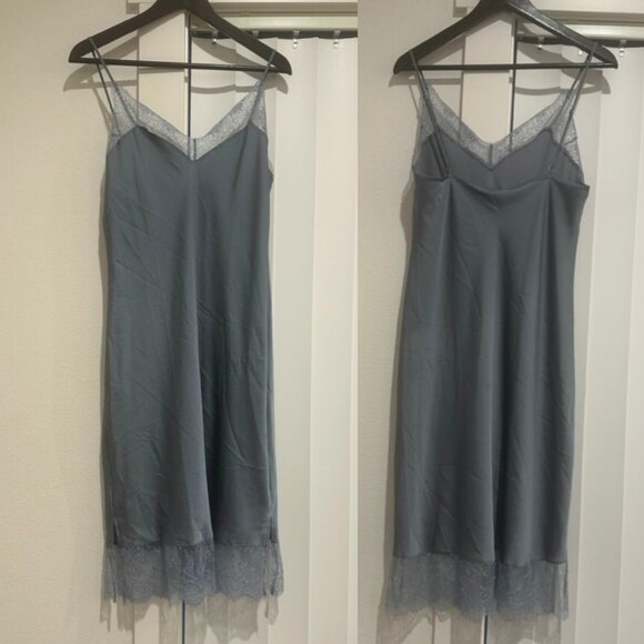 Victoria's Secret Blue Grey Gray Satin Midi Lace Trim Slip Size Large - Picture 1 of 5